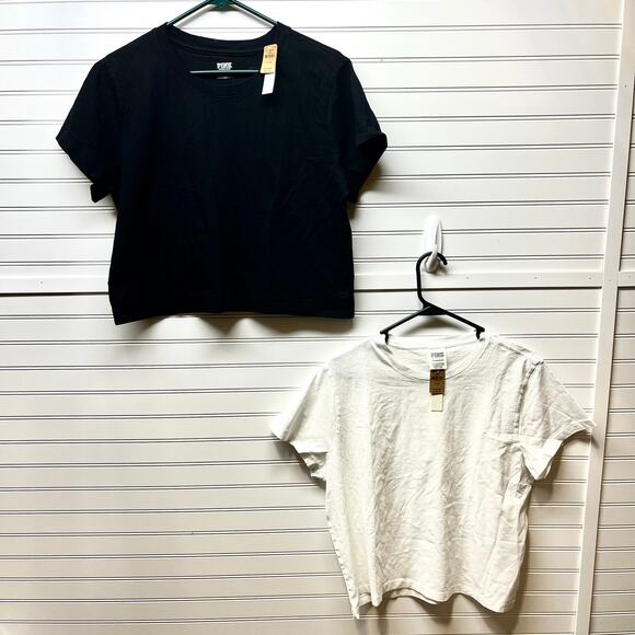 NWT PINK by Victoria’s Secret Set Of 2 Cropped Short Sleeve T-Shirts Size XL - Picture 1 of 11